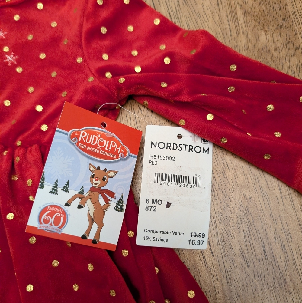 NWT! Baby Girl's Rudolph The Red Nosed Reindeer Soft Velour Christmas Dress - Picture 2 of 11